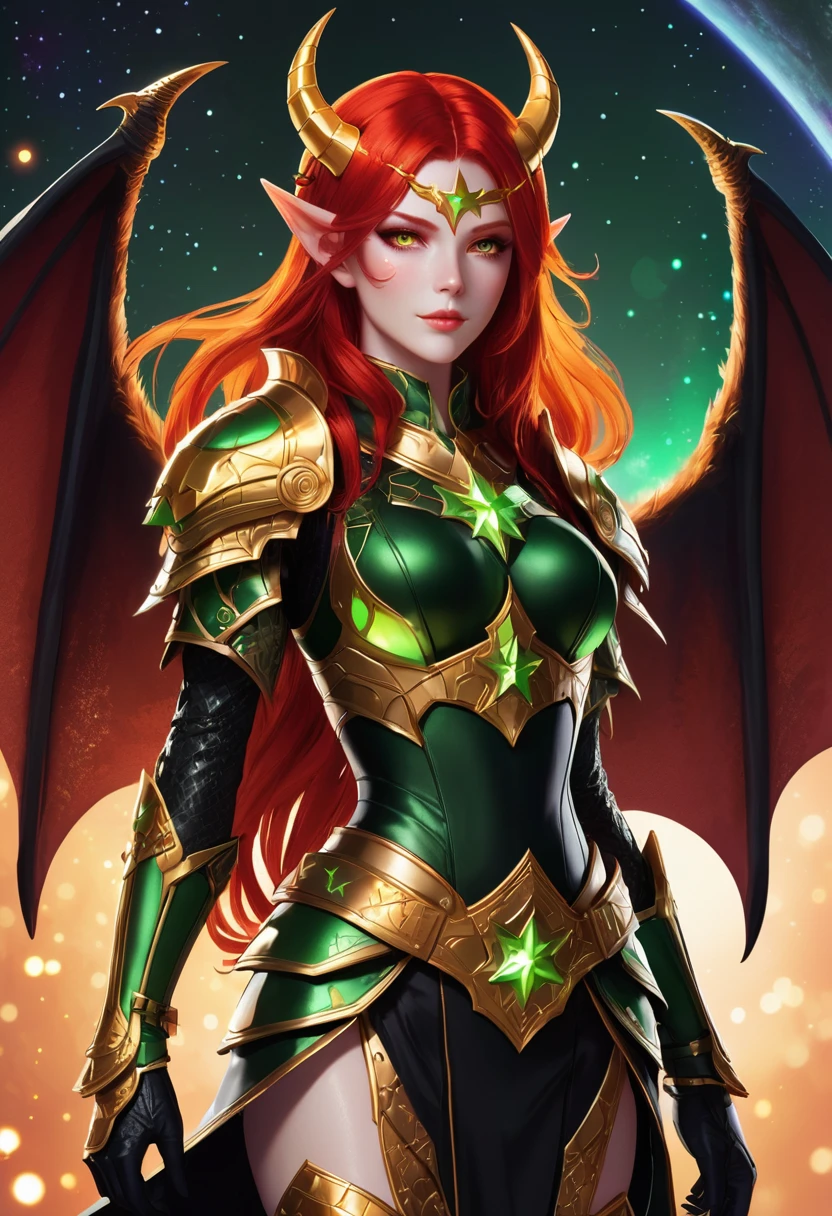 Appearance: Astryd is a demon lord with bright red hair that cascades down to her waist, her eyes are bright green, and her skin is orange with small glowing stars. She has bat wings shaped like stars on her back and wears golden armor with star-shaped details, 8k high definition