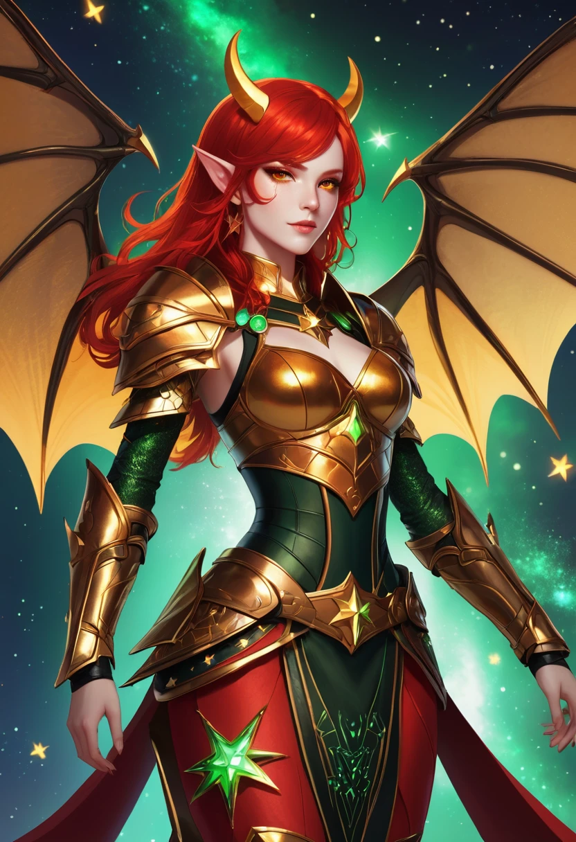 Appearance: Astryd is a demon lord with bright red hair that cascades down to her waist, her eyes are bright green, and her skin is orange with small glowing stars. She has bat wings shaped like stars on her back and wears golden armor with star-shaped details, 8k high definition