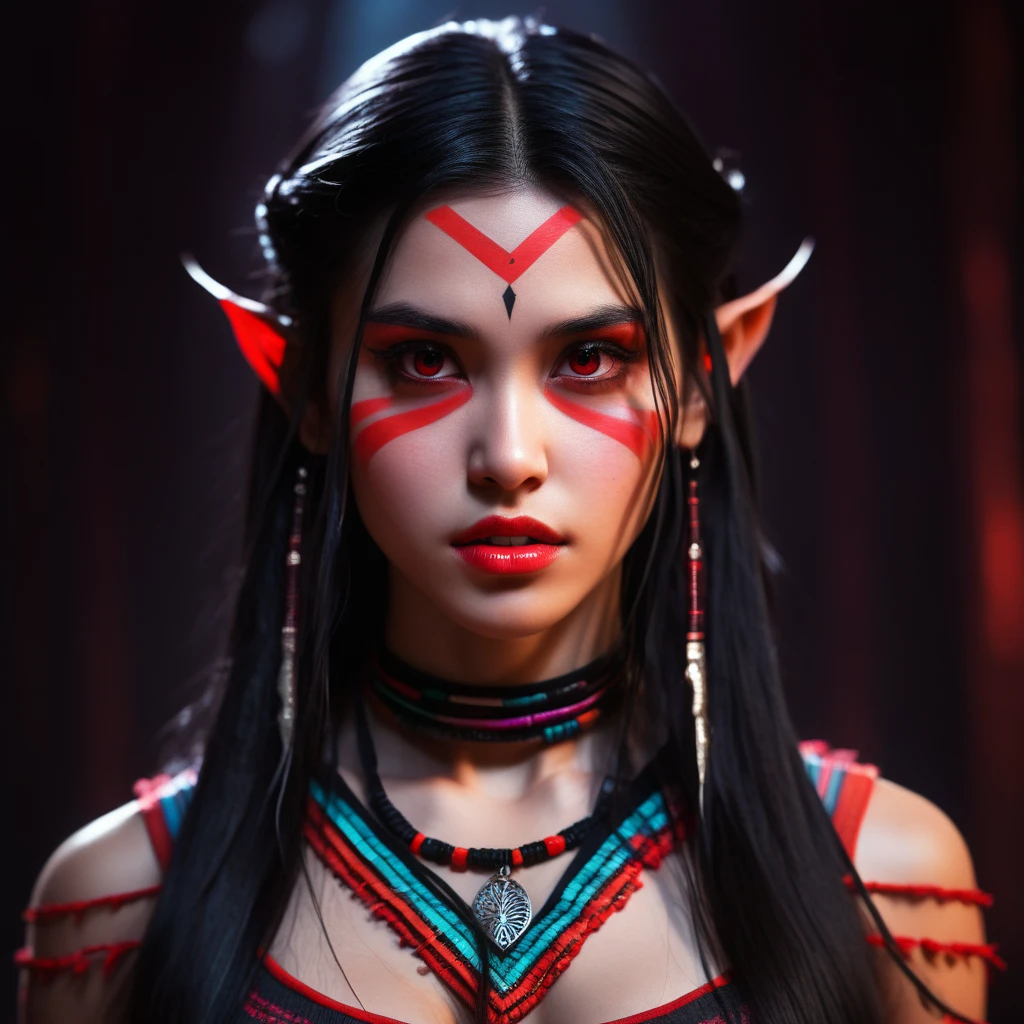 Avatar character , ((face portrait:1.5)), 1 , female, (gray skin tone:1.0), ( long hair:1.0), black hair color,  Red Eyes, (young adult), 18 years old:1, (Pointy Fangs  ), Facial wrinkles, wearing tribal clothes, wearing a top,  Detailed eyes, corpo tonificado,  muscular body ,  vibrant colors , shining, ethereal atmosphere,  surreal and dreamy lighting,  textured skin , supernatural beauty, mesmerizing photography , ( best quality ,  highres icon),  vivid colors , Ultrarealistic,   SKIN DETAILS  , striped skin, sfw, close-up do rosto:0.5, ultra-detailed body