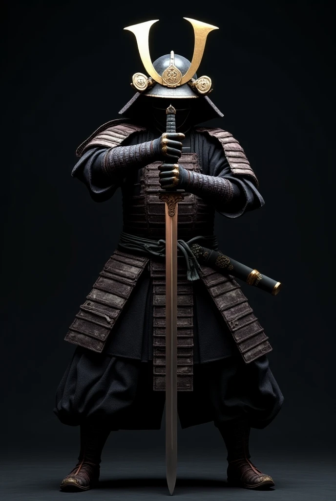 ((masterpiece, highest quality, Highest image quality, High resolution, photorealistic, Raw photo, Extremely detailed CG unified 8k wallpaper)), Dramatic Light, Volumetric Light, A samurai wearing armor and a helmet is holding his sword, action pose, attention to the sword as a beautiful work of art, simple background, dark background, the sword reflecting light,