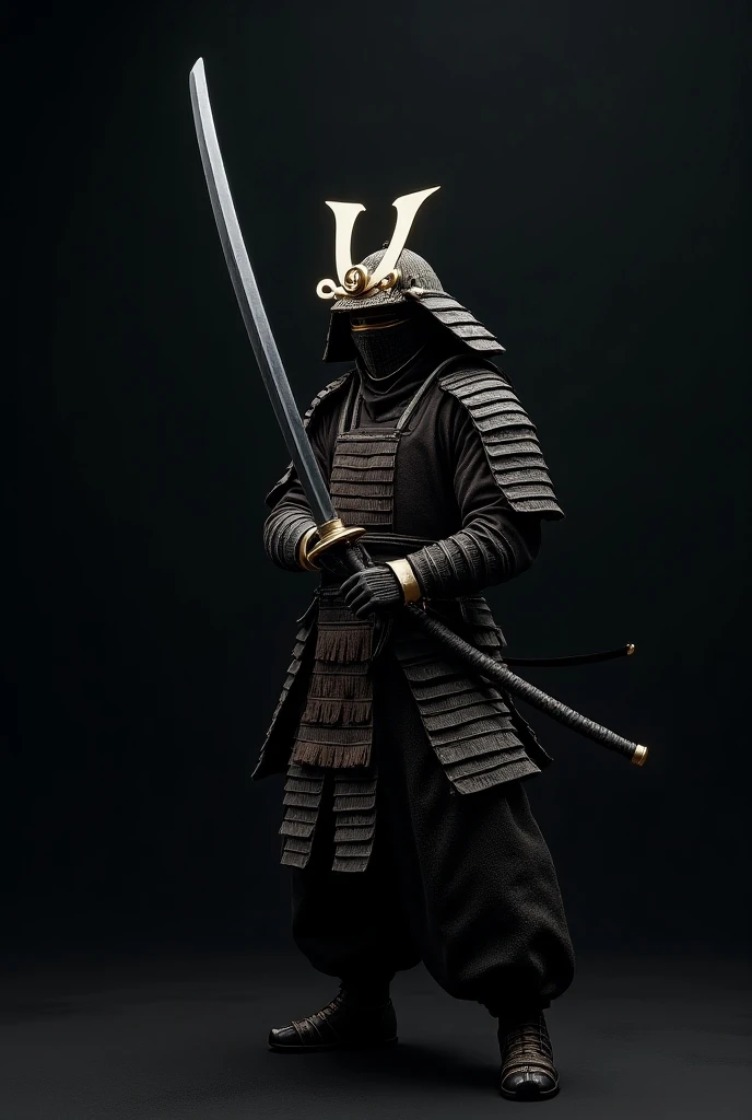 ((masterpiece, highest quality, Highest image quality, High resolution, photorealistic, Raw photo, Extremely detailed CG unified 8k wallpaper)), Dramatic Light, Volumetric Light, A samurai wearing armor and a helmet is holding his sword, action pose, attention to the sword as a beautiful work of art, simple background, dark background, the sword reflecting light,