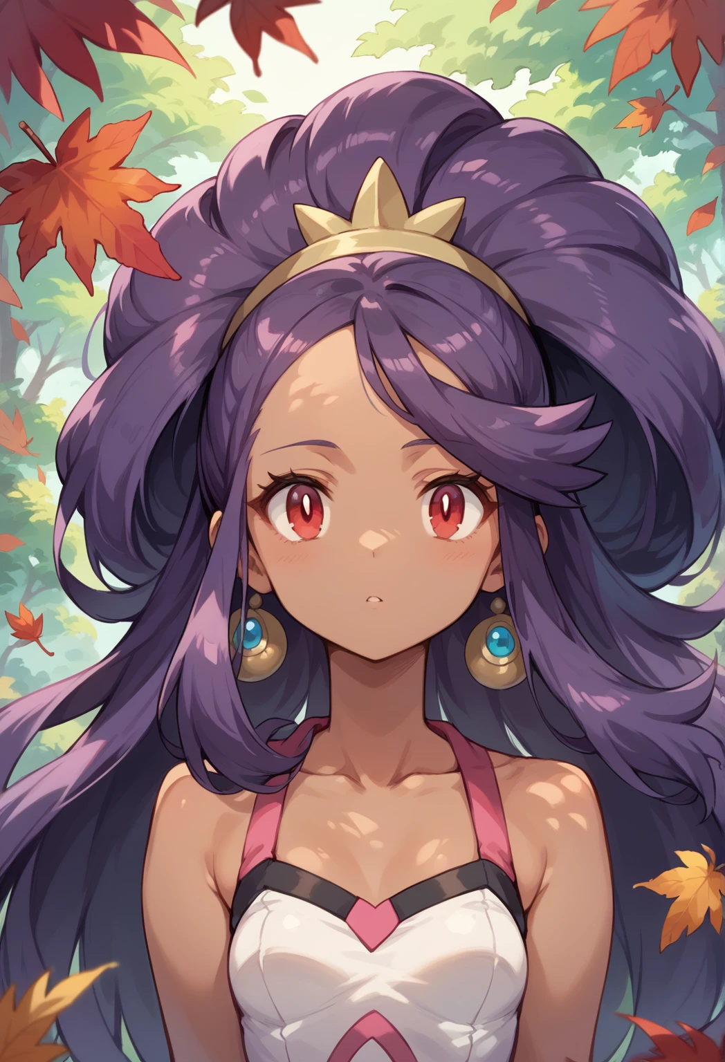 Best Quality, Masterpiece, ultra high resolution, iris \(pokemon\), purple hair, long hair, red eyes, dark skin, big hair,small breasts,  BREAK peeking out upper body leaves, flowers
