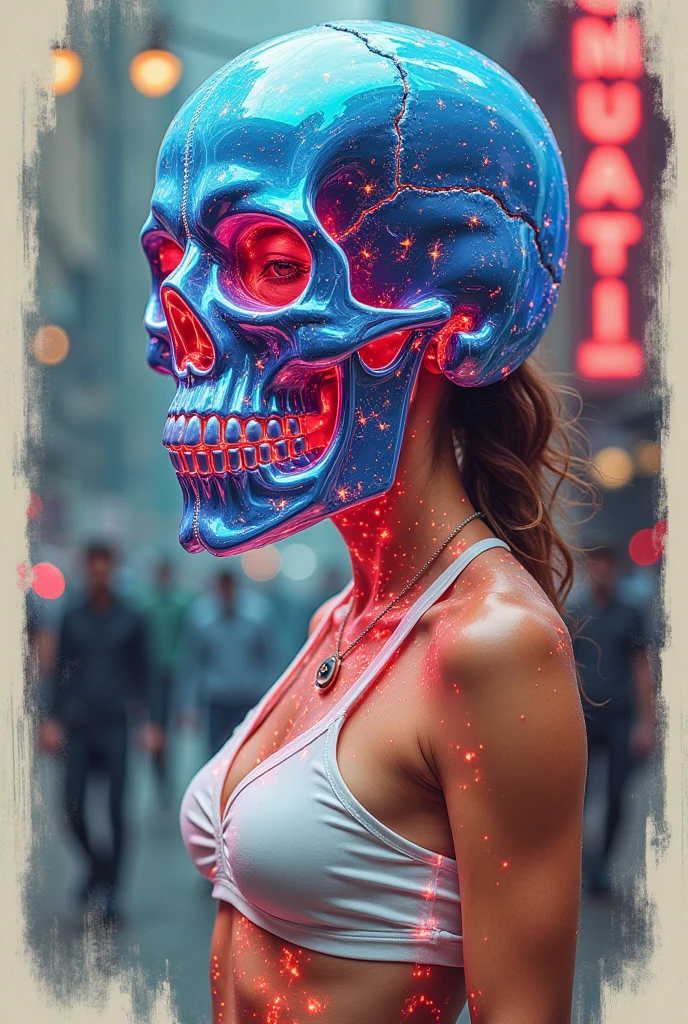 GGGJAAA,figure costume in the shape of neon skull glass, woman， short camisole，White，，， colored pencil drawing ，sketch ，Comic Collage