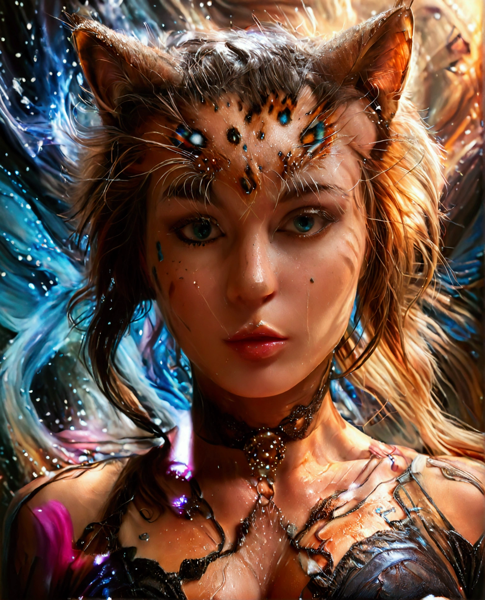 A fantasy woman-cat hybrid, large female buttocks, female breasts, four paws, fur, cat-like face with human features, (best quality,4k,8k,highres,masterpiece:1.2),ultra-detailed,(realistic,photorealistic,photo-realistic:1.37),fantasy art,highly detailed face, detailed anatomy, detailed texture, intricate details, dramatic lighting, cinematic composition, dynamic pose, vibrant colors, oil painting style, playful look, cat's eyes