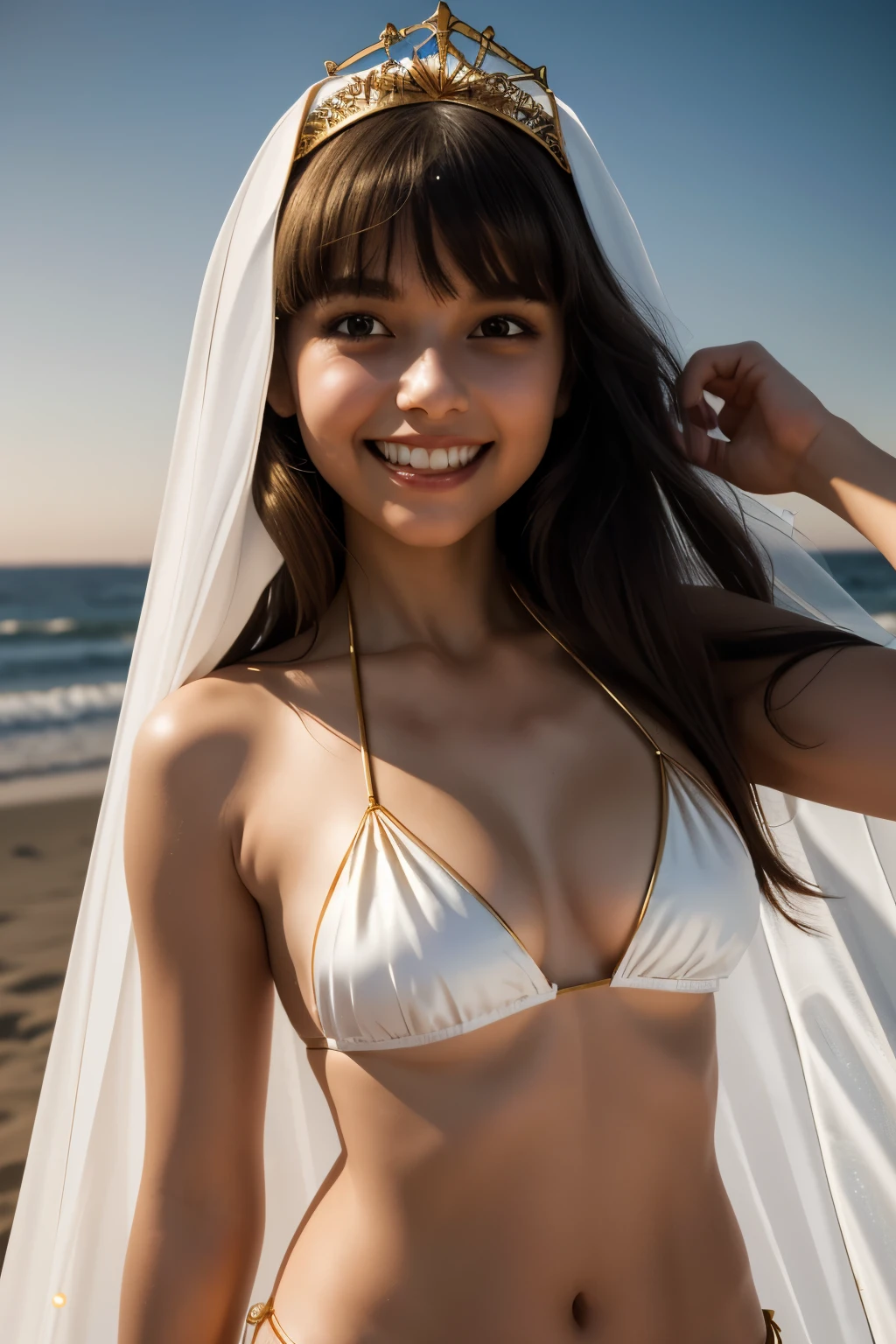 best quality, masterpiece, 1girl, grin, (silhouette lighting:1.1), (upper body:1.3), long hair with bangs, small breast, (white silk bikini with gold accents:1.2), white cape, tiara, face veil, hands down, dune at dusk, p3nn1r0