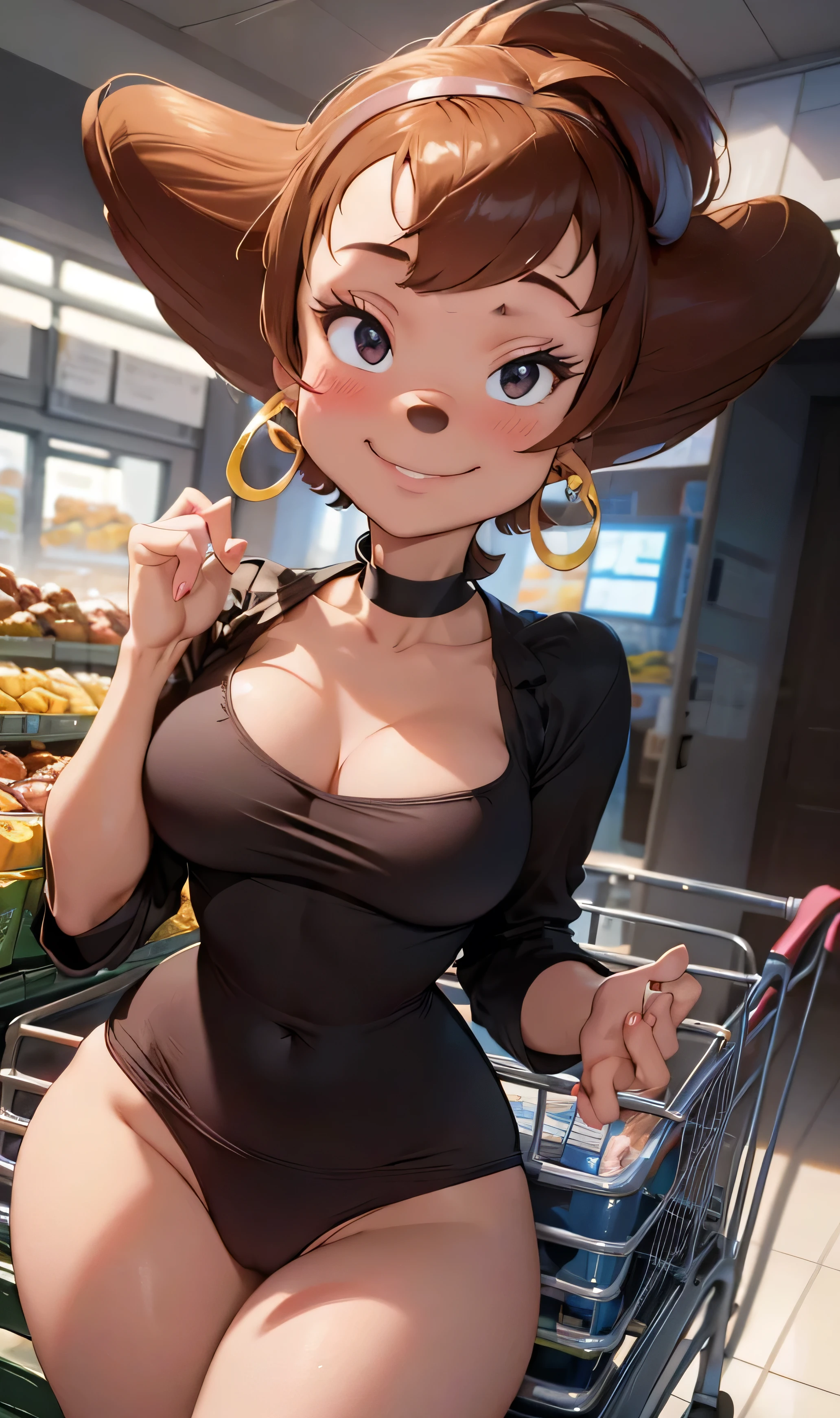  masterpiece ,  The best quality, A girl, Alone,  detailed face ,  looking at the spectator ,  black eyes ,  seductive smile , Earrings, neckline, 5 fingers,  detailed skin texture ,  full body, thin and tall, blush, Goosebumps, subsurface dispersion, sexual expression, black panties,  long legs, Pink shirt, choker, in a supermarket, shopping cart,