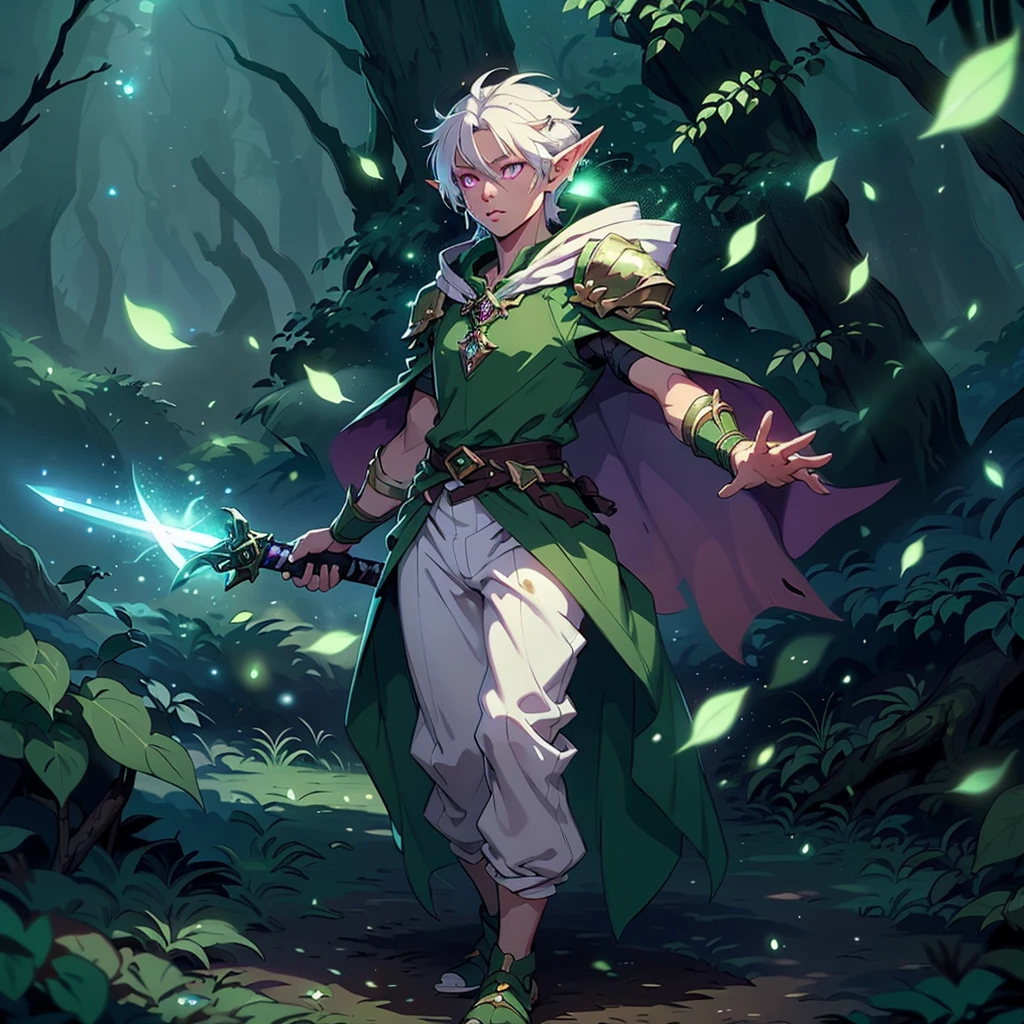 Boy, forest gnome, young, short stature, skinny, small, short white hair, elf ears, purple glowing eyes, green leaf armor, dark purple cloak with hood, white harem pants, sword, fantasy, fighting pose, full body, surounded by magic trails electricity, 
Fireflies, dark forest, wispy light streaks in the air, glowing sword