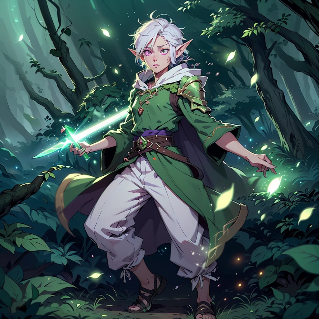 Boy, forest gnome, young, short stature, skinny, small, short white hair, elf ears, purple glowing eyes, green leaf armor, dark purple cloak with hood, white harem pants, sword, fantasy, fighting pose, full body, surounded by magic trails electricity, 
Fireflies, dark forest, wispy light streaks in the air, glowing sword