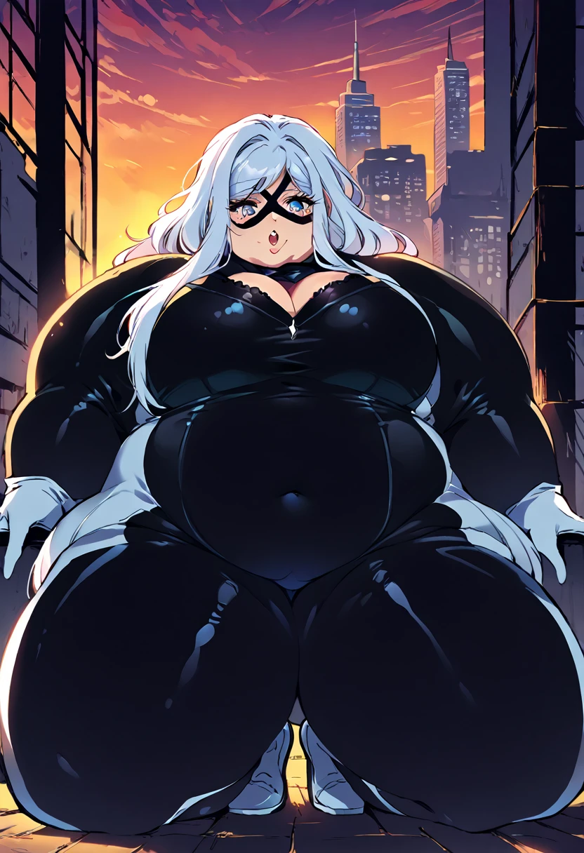 score_9,score_8_up,score_7_up,score_6_up,score_5_up,score_4_up,score_anime, (high quality, 4K, high contrast, artwork:1.2), best aesthetics, BREAK ((1 obese woman)), (a white hair woman in a black bodysuit and small mask in eyes), obese body, long wavy white hair, blue eyes, BREAK sensual, mature body, highly detailed face, highly detailed eyes, highly detailed mouth, BREAK sexy body, perfect breasts, medium breasts, perfect wide thighs, cleavage, BREAK (white gloves, white fur details around the neckline and gloves:1.1), sensual facial expression, BREAK New York City, kneeling, squatting, crouching, dimly lit, sunset