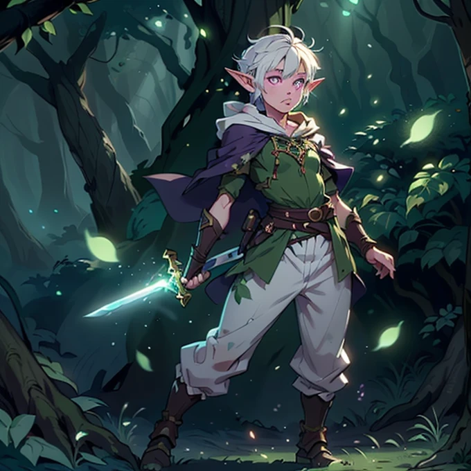 Boy, forest gnome, young, short stature, skinny, small, short white hair, elf ears, purple glowing eyes, leaf armor, dark purple cloak with hood, white harem pants, sword, fantasy, fighting pose, full body, surounded by magic trails electricity, 
Fireflies, dark forest, wispy light streaks in the air, glowing sword