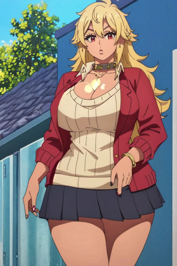 ((best quality)),((highly detailed)),masterpiece,absurdres,detailed face,beautiful face,(detailed eyes, deep eyes),1girl,  Tomo, ((red eyes)), black short skirt , sky, day, cloud, pleated skirt, leopard print panty, School rooftop, looking at viewer, open clothes, standing, loose uniform showing cleavage, Gyaru, Big breast, ((full tanned skin)), Glossy lips, a lot of earpiercing, Necklace with heart shape,Bracelet, Half eyes expression, Smirk, feminim,((1girl)),((Solo)),Spouty mouth,Thick lips,colored Long nail,Stylish thick wavy hair,Celeb wavy hair,Tight tights,H cup,Gyaru rings,((Big bouncy breast)),Curvy figure,Half eyes open expression,((((school uniform with long sleeve sweater )))),unbuttoned school uniform,cleavage,Solo,Heart shape emote,Detailed hand,Thick lips,half eyes,Humongous Breast,Dangerous cleavage,Stand out cleavage,Eyelash,((yellow blond colored hair)),Colorless lips,Enchanched breast,Show off cleavage,Body facing front,Gaze on viewer,Stud earring,Needy girlfriend,Needy bitch behaviour,Chocker,Detailed hand,Crossing hand,Swaying hips,((Wavy hair)),puckered lipa expression,1hand crossing arm,white collar,Cleavage,Loose sweater