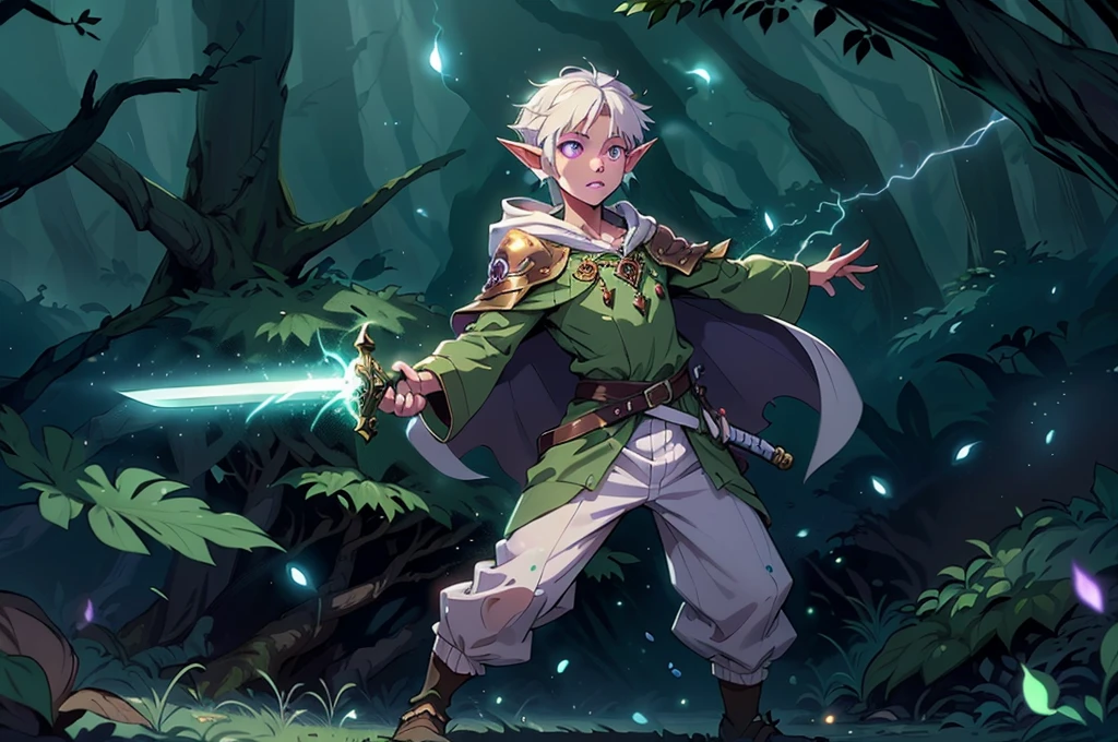 Boy, forest gnome, young, short stature, skinny, small, short white hair, elf ears, purple glowing eyes, leaf armor, dark purple cloak with hood, white harem pants, sword, fantasy, fighting pose, full body, surounded by magic trails electricity, 
Fireflies, dark forest, wispy light streaks in the air, glowing sword