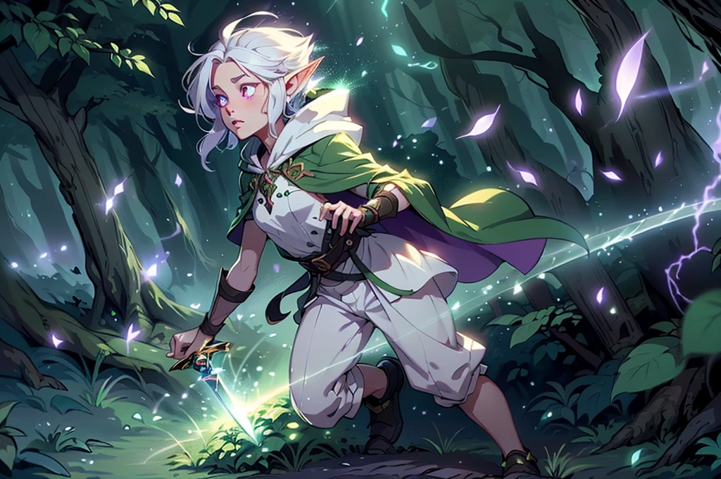 Boy, forest gnome, young, short stature, skinny, small, short white hair, elf ears, purple glowing eyes, leaf armor, dark purple cloak with hood, white harem pants, sword, fantasy, fighting pose, full body, surounded by magic trails electricity, 
Fireflies, dark forest, wispy light streaks in the air, glowing sword