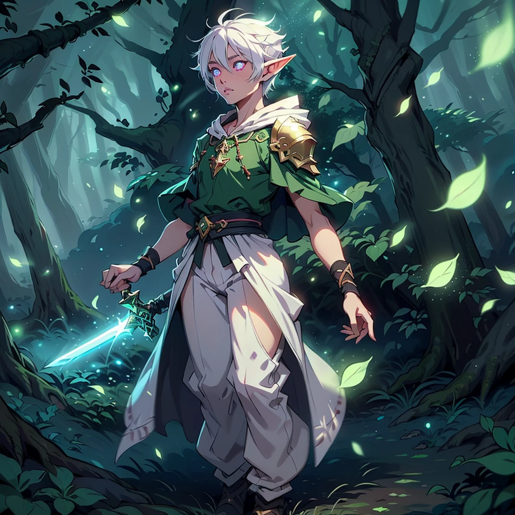 Boy, forest gnome, young, short stature, skinny, small, short white hair, elf ears, purple glowing eyes, leaf armor, dark purple cloak with hood, white harem pants, sword, fantasy, fighting pose, full body, surounded by magic trails electricity, 
Fireflies, dark forest, wispy light streaks in the air, glowing sword