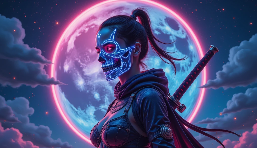 GGGJAAA,figure costume in the shape of neon skull glass, (masterpiece,  is the best quality), 8k wallpaper,  high detail, 性感女性warrior, warrior, warrior刀, Japan, night, moonlight,  vector art style, , Movie poster style , Lettering.
