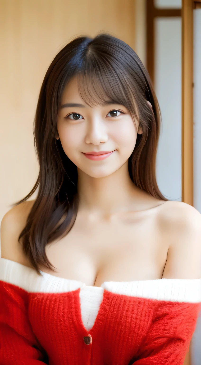 masterpiece,best quality,(Japanese ),((Beautiful girl)),cleavage,indoor,(perfect body beauty:1.2),(shy smile),beautiful teeth,