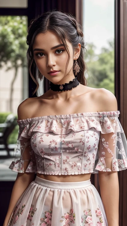 (best quality, masterpiece), 1girl, intricate details, off shoulder, skirt, choker, frills, see-through, looking at viewer, blush, upper body, blurry background, floral print, contrapposto