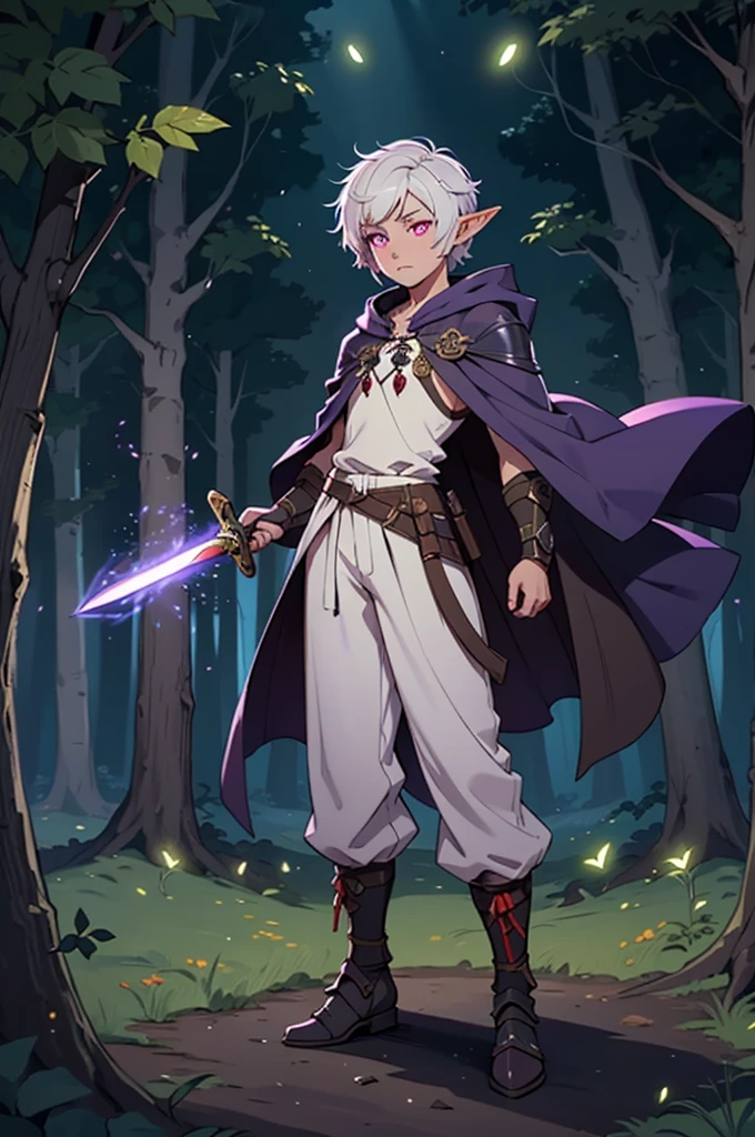 Boy, forest gnome, young, short stature, skinny, small, short white hair, elf ears, purple glowing eyes, leaf armor, dark purple cloak with hood, white harem pants, sword, fantasy, fighting pose, full body, surounded by magic trails electricity, 
Fireflies, dark forest, wispy light streaks in the air, glowing sword