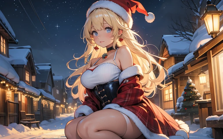 top-quality、Full limbs、complete fingers、Slender beauty、Women with straight hair、((Women with blonde hair))、Women with medium hair、(Beautiful busty woman:1.3)、Santa Claus Costume、(white santa claus leotard)、white santa claus hat、white santa claus cloak、 Street trees at night、Christmas tree、Christmas Lights、Winter scenery、A big smile