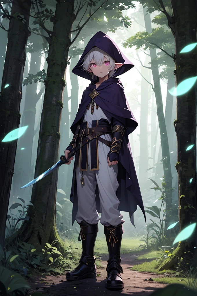 Boy, forest gnome, young, short stature, skinny, small, short white hair, elf ears, purple glowing eyes, leaf armor, dark purple cloak with hood, white harem pants, sword, fantasy, fighting pose, full body, surounded by magic trails electricity, 
Fireflies, dark forest, wispy light streaks in the air, glowing sword