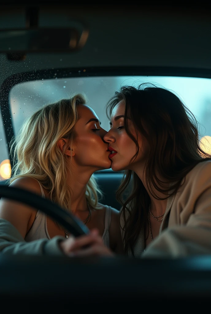 A beautiful detailed illustration of a boy and a girl kissing in a car during a severe rainstorm, masterpiece, best quality, super detailed, pink haired girl in a white pleated shirt with a cracked button on the chest, upskirt, boy with black hair in a black catsuit and black pants, realistic, photorealistic, photo-realistic, (best quality,4k,8k,highres,masterpiece:1.2),ultra-detailed,(realistic,photorealistic,photo-realistic:1.37),HDR,UHD,studio lighting,ultra-fine painting,sharp focus,physically-based rendering,extreme detail description,professional,vivid colors,bokeh,portraits,concept artists,dark moody lighting,dramatic lighting,cinematic,overcast,heavy rain
