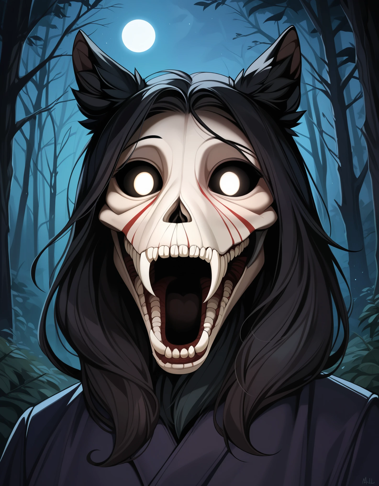 score_9, score_8_up, score_7_up, source_furry, rating_safe, hyperdetailed, clean lines, digital art, (mal0, SCP-1471:1.5), long fur, black fur, female furry, looking at viewer, detailed mouth, detailed teeth, standing, dark forest, night, nervous, fidgeting, tail