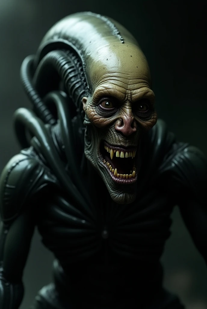 (extremadamente detallado, obra maestra, La mejor calidad), Estilo oscuro, intense illumination, rostro con arrugas, lengua larga, tentacle, deforme, monstruoso, interior de una piscina de agua verdosa, imagen submarina, alien con Colmillos finos, pico de pulpo amenazante. manchas de tinta. Rococo composition. Luz de caravaggio