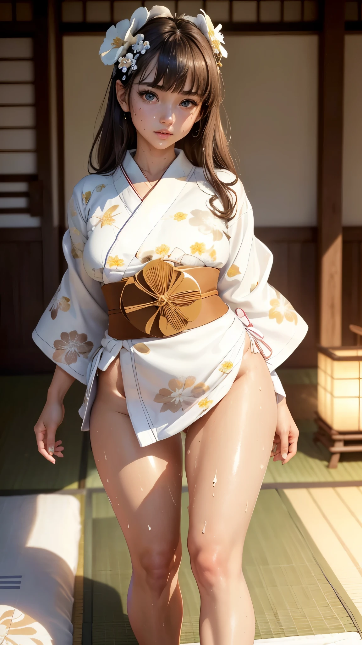 Masterpiece Best Quality,Very detailed,High resolution,(Realistic,photoRealistic:1.37),Excellent anatomy,Beautiful woman,1,Sexy Idol,(((Focus on the thighs:1.5))),(((No panties:1.6))),A small smile,(((Sexy and cute:1.5))),(((Ultra-miniskirt white floral yukata:1.6))),((So delicate and beautiful)),((Japanese-style room with tatami mats (Woven straw) Flooring:1.3)),Brown Hair,Long Hair,bangs, Floating Hair Nova Frog Style,Very beautiful face,Cute type,,big, Natural color lips,((big and beautiful eyes,Brown eyes,Obvious double:1.3)),Small and cute nose,Brown eyes,Sparkling highlight spots around the eyes,Character Focus Head Tilt,The best light,Best Shadow,Mysterious and perfect face,Very detailed,Soft leather,(Glowing Skin, Sweaty:1.4)'Beautiful legs, Voluptuous thighs,Plump body,(((Huge breasts:1.7))),(Expressing the roundness and softness of the bust),Beautiful body,(((Perfect Woman:1.5))),(((Spread your legs,squat,Provocative and dynamic poses:1.7))),(((Sweat dripping from the crotch:1.3)))(((Beautiful pussy lines:1.7)))