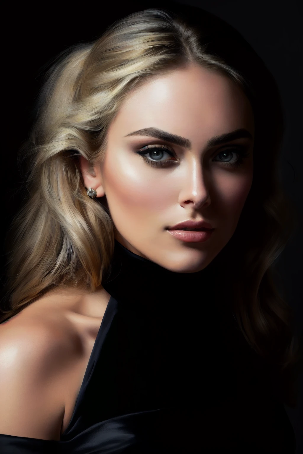 arafed woman with a black top and a black background, portrait of annasophia robb, ultra realistic digital painting, hyper realistic digital painting, hyperrealistic digital painting, portrait of a beautiful model, photorealistic digital painting, realistic digital painting, detailed beauty portrait, highly realistic digital art, stunning digital painting, ultrarealistic digital art, hyper realistic digital art