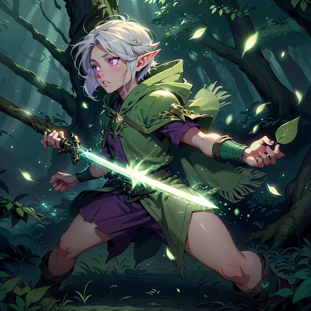 Boy, forest gnome, young, short stature, skinny, small, short white hair, elf ears, purple glowing eyes, green leaf armor, purple cloak with hood, dark green clothes, sword, fantasy, fighting pose, full body, surounded by magic trails electricity, 
Fireflies, dark forest, wispy light streaks in the air, glowing sword