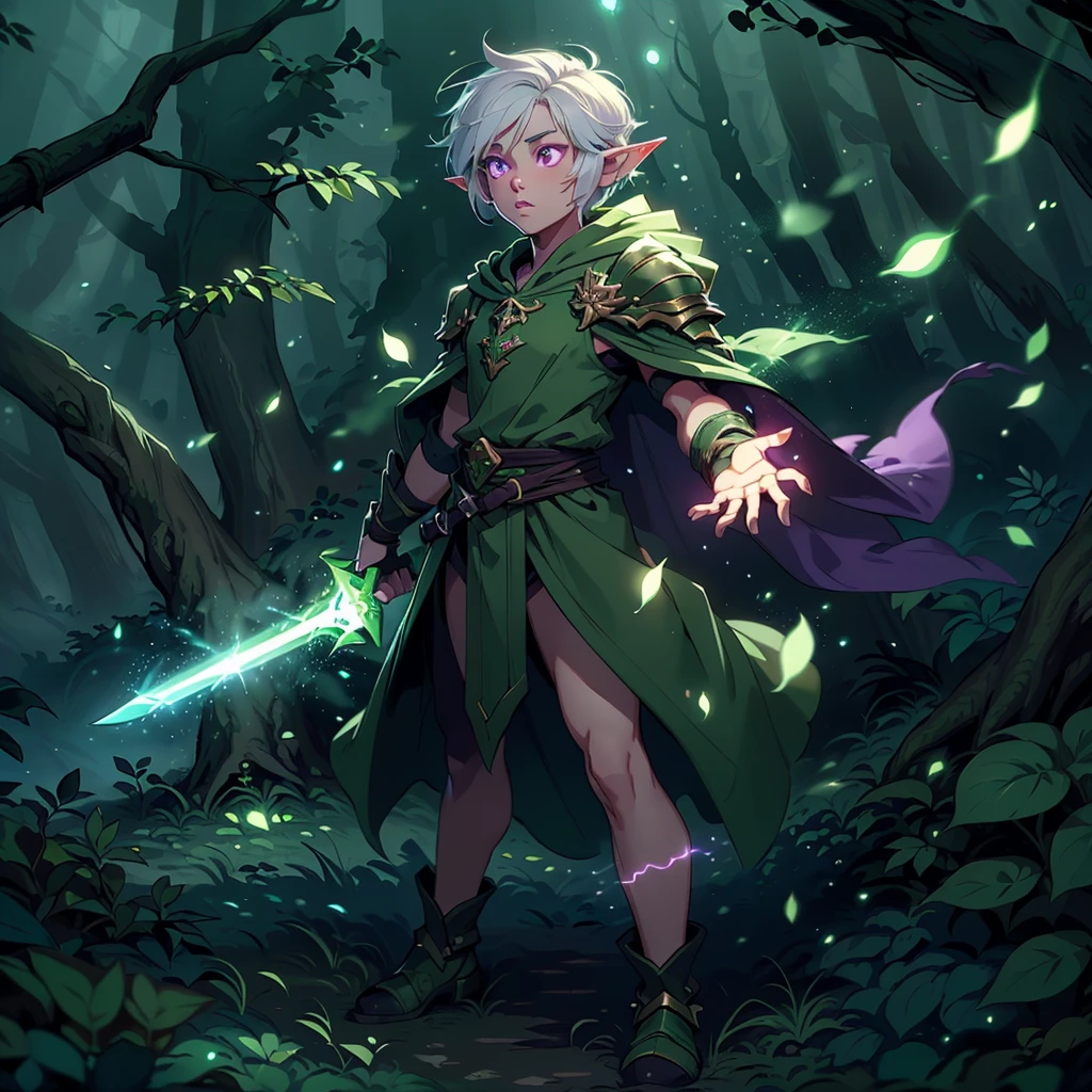 Boy, forest gnome, young, short stature, skinny, small, short white hair, elf ears, purple glowing eyes, green leaf armor, purple cloak with hood, dark green clothes, sword, fantasy, fighting pose, full body, surounded by magic trails electricity, 
Fireflies, dark forest, wispy light streaks in the air, glowing sword