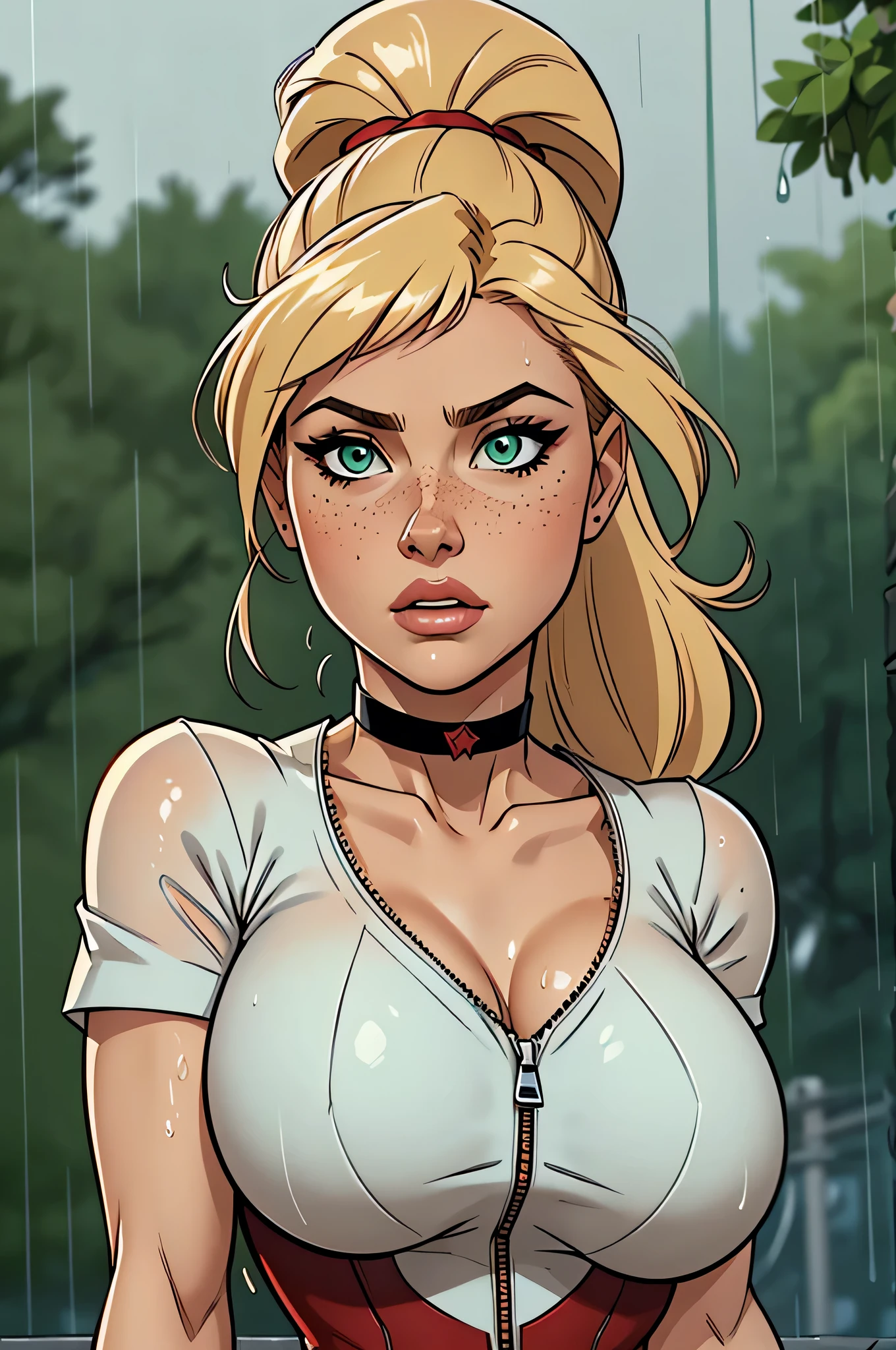 ( Absurd, high quality , Ultra Detailed, Beware of your hand ) close up of a slim, athletic woman (Scarlett Final Fantasy), 25 years, 8k (( high definition)), thoughtful expression, seductive look, green eyes, nose fine, wearing a red dress (( V-neck, with zipper, short sleeves, choker)), thin waist, pele caucasiana, long blond hair (( with ponytail and bangs)), standing (( upper body )), with freckles on the chest and neck, (( large round breasts , wet by the rain )), Raindrops dripping down the breasts . Marvel style (( high quality )), white background.