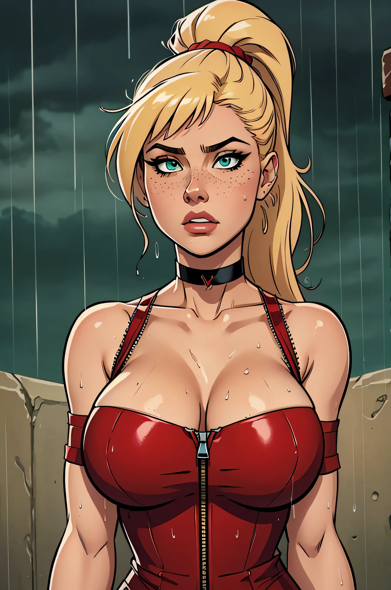 ( Absurd, high quality , Ultra Detailed, Beware of your hand ) close up of a slim, athletic woman (Scarlett Final Fantasy), 25 years, 8k (( high definition)), thoughtful expression, seductive look, green eyes, nose fine, wearing a red dress (( V-neck, with zipper, short sleeves, choker)), thin waist, pele caucasiana, long blond hair (( with ponytail and bangs)), standing (( upper body )), with freckles on the chest and neck, (( large round breasts , wet by the rain )), Raindrops dripping down the breasts . Marvel style (( high quality )), white background.