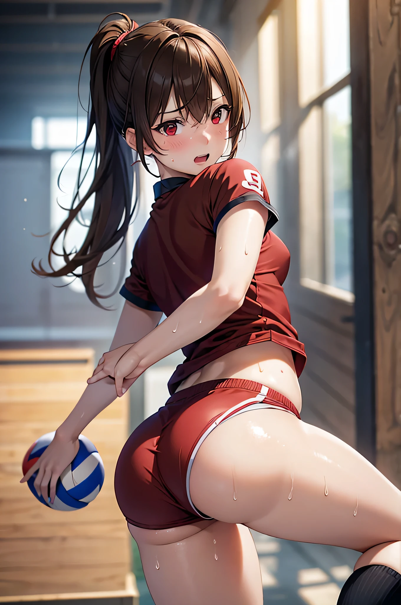  adult woman laughing, Alone,  sexy,8K resolution,((Best Quality)), ultra high resolution, ( embarrassed face ), (Red eyes),  Beautiful Symmetrical Face , ( brown ponytail), volleyball uniform, shorts,socks,Realistic:1.4,Realistic:1.4,(masterpiece:1.2), perfect eyes,Perfect Eyes, Anatomically Correct Human Body ,(Open your mouth:0.8),(sweat:1.1),Sigh,Perfect waist,Perfect Ass,, butt directed at the viewer 