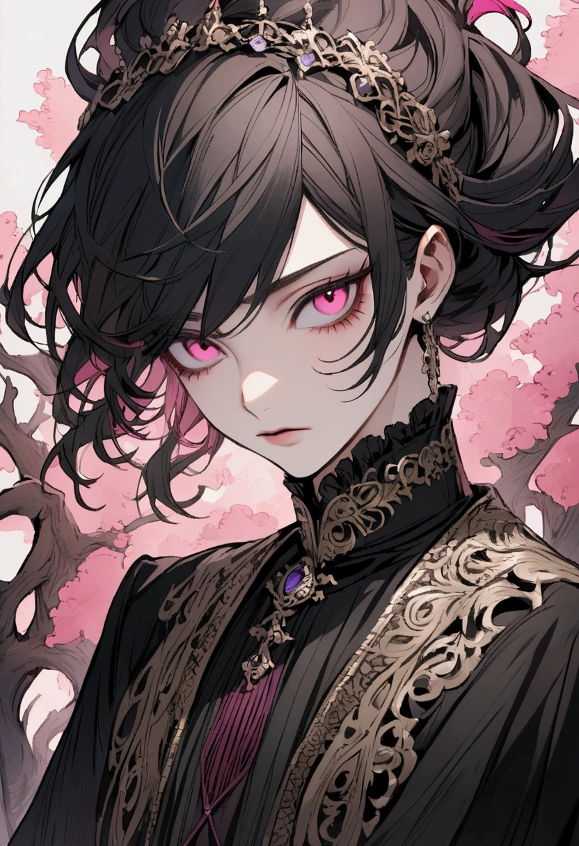 a boy with smooth skin and his waist is thin and his hair is brown and his eyes are pink and he has several piercings in his ear 