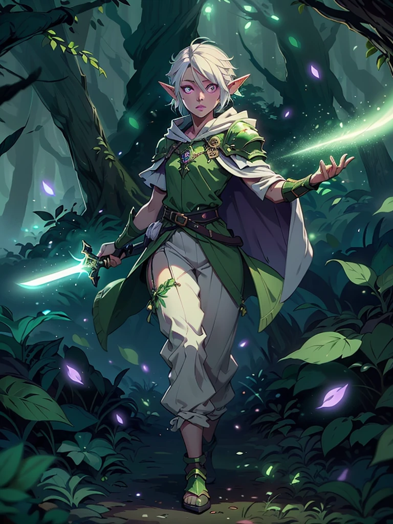 Boy, forest gnome, young, short stature, skinny, small, short white hair, elf ears, purple glowing eyes, green leaf armor, purple cloak with hood, black harem pants, sword, fantasy, fighting pose, full body, surounded by magic trails electricity, 
Fireflies, dark forest, wispy light streaks in the air, glowing sword