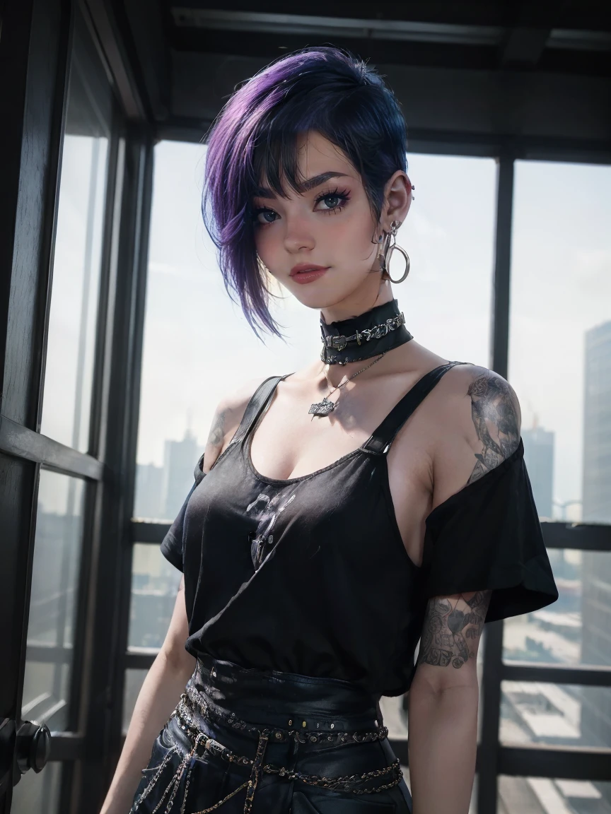 1 woman, (Standing), (full - body), European, foto realista, (30 years), ((cropped blue hair)), (Blue hair emo), undercut hair, (Big nose), A lady, Mature Lady, (black eyeliner), ((dark eyes)), ((light-blue hair)), ((undercut hair)), (black choker), (goth),Light white skin, Perfect pale skin, (centered), (Film grain: 1.4, Hyper-realistic: 1.5), around dark, deep shadow, Discreet key, Realism, Detailed Face, ((in an alley)), (We are waiting for someone),