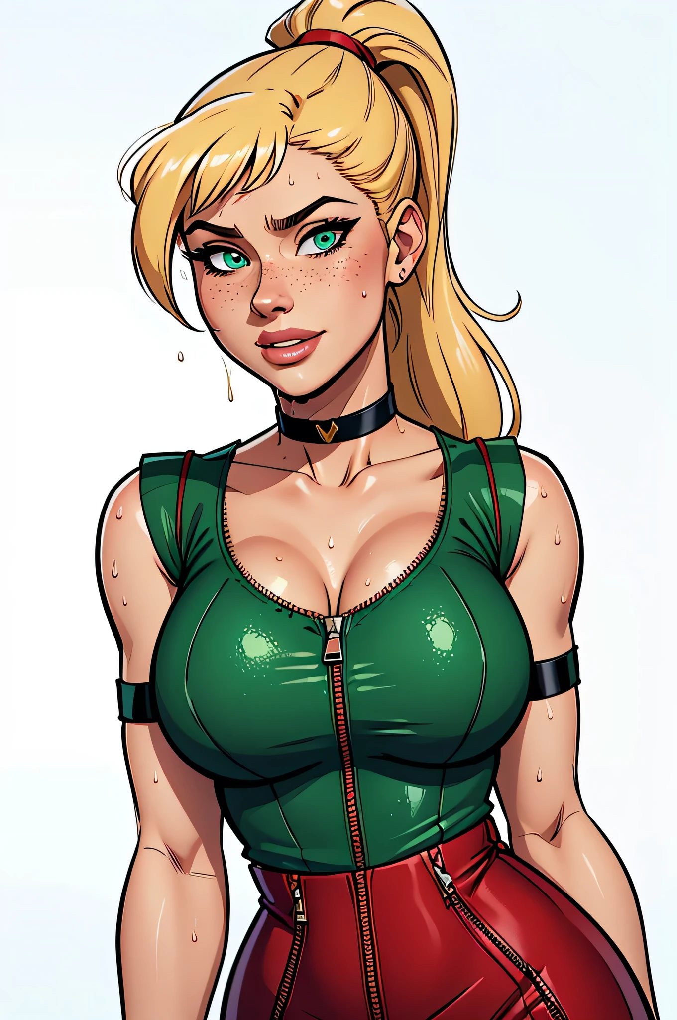 ( Absurd, high quality , Ultra Detailed, Beware of your hand ) close up of a slim, athletic woman (Scarlett Final Fantasy), 25 years, 8k (( high definition)), cute smile, seductive look, green eyes, nose fine, wearing a red dress (( V-neck, with zipper, short sleeves, choker )), thin waist, pele caucasiana, long blond hair (( with ponytail and bangs)), standing (( upper body )), with freckles on the chest and neck, (( large round breasts , Wet with sweat )). Marvel style (( high quality )), white background.