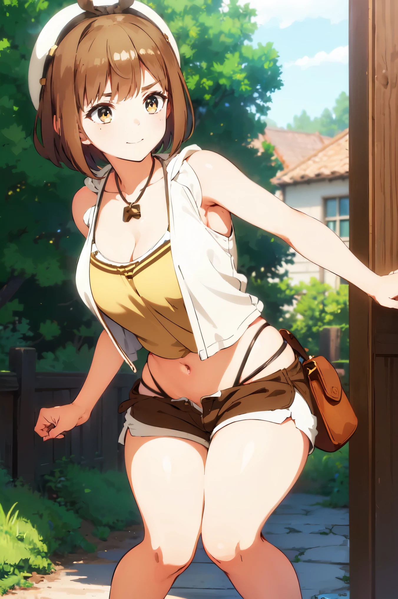 ((girl body)), short body, brown hair, ((((tank yop)))) , ((short pants)), ((very thick)), hairpin brown eyes, bob hair, berret, upperbody body, smile, cleavage, white bikini, ((legs)), brown stocking, yellow jacket,