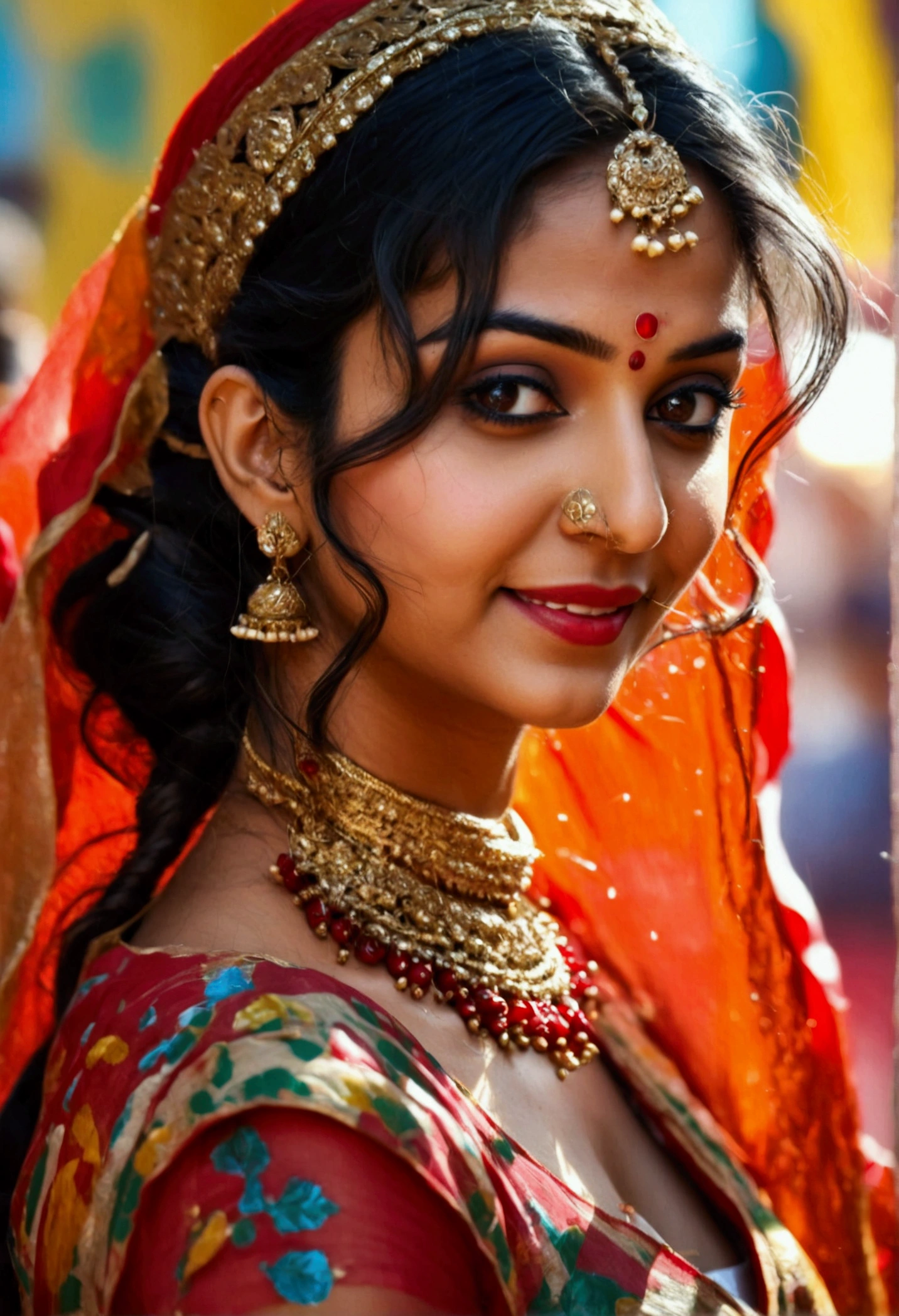 HD wallpaper 32k cinematic shoot of a Beautiful cute thick Indian girl, with a curvy waist, smiling, wearing an Indian song dress, ((navel)), BREAK (Ceremony, Red carpet, Large crowds:1.5)，Profile beauty, ((cowboy shot)), ((looking at the camera)), ((close up shot)), ((close up shot)), ((upper body view)), ((upper body view))