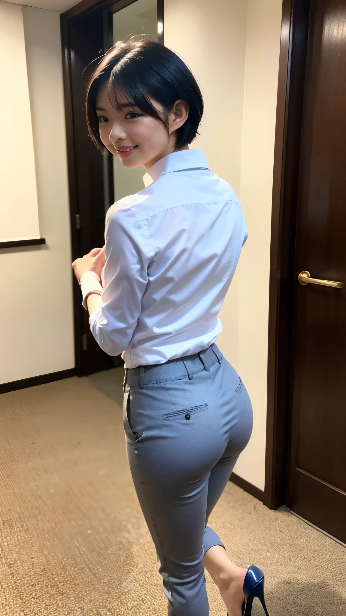 Best Quality,masterpiece, ultra high resolution, highdefinition RAW color photo, professional photos , natural skin texture, fine skin, Hyperrealism , Japanese Women,(smile, Shortcut Hair,(WHITE shirt, cutter shirt,gray pants style,Stiletto heels), office),Rear view