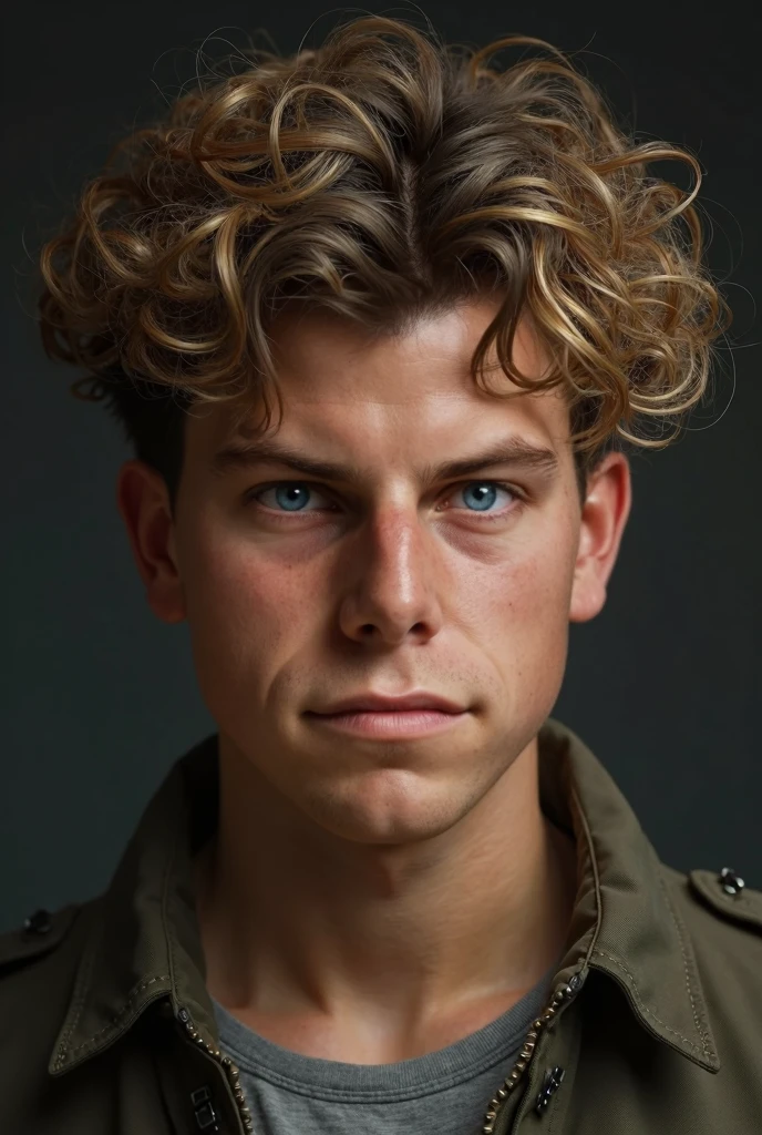 Make a young man an oval face with prominent cheekbones and a slightly square chin. Your eyes, What blue , have a slightly almond shape , with dense, straight eyebrows , giving him a serious expression . His nose is straight and medium size , with a slightly wider bridge . He has medium-thick lips , with a fuller lower lip , and his dark curly blond hair was styled in a “curly mullet ,” short curly hair , His well-outlined jaw smooths the contour of the face .