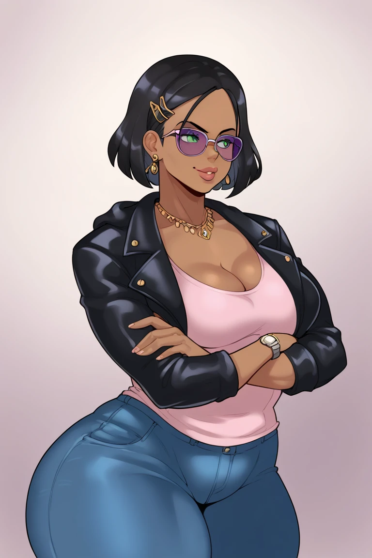 score_9, score_8_up, score_7_up, score_6_up, score_5_up, score_4_up, rating_safe, 1girl, jewelry, solo, dark skin, dark-skinned female, black hair, crossed arms, earrings, hair ornament, necklace, hooded shirt, jacket, hairclip, breasts, naughty smile, flirty expression , watch, wristwatch, short hair, lips, upper body, cleavage, very dark skin, piercing, looking to the side, green eyes, ear piercing, medium breasts big breasts, round huge ass, leather jacket, denim pants, slutty, serious, crossing arms pose, muscle mommy, purple sunglasses on forehead, pretty green eyes, detailed eyelashes, plump lips, naughty smile 