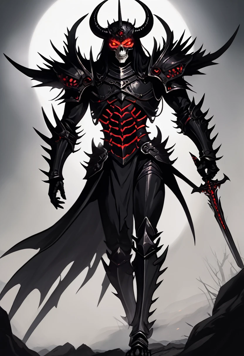 Appearance: Exterminus is a demon lord with a deadly and frightening appearance. He has pale skin and a skeleton-like appearance, with spiky black hair and glowing red eyes. He wears shiny black armor and a mask that covers the lower half of his face, 8k high definition