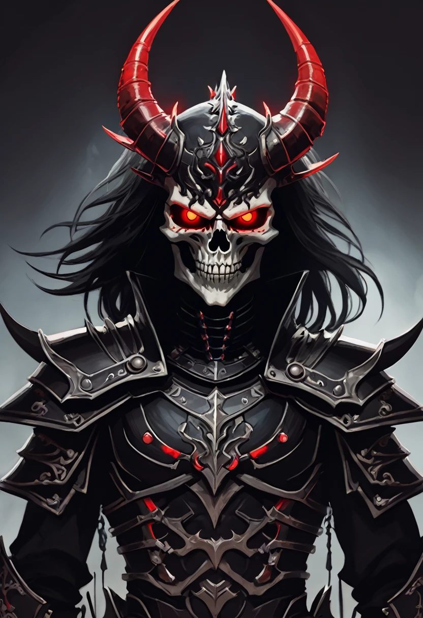 Appearance: Exterminus is a demon lord with a deadly and frightening appearance. He has pale skin and a skeleton-like appearance, with spiky black hair and glowing red eyes. He wears shiny black armor and a mask that covers the lower half of his face, 8k high definition