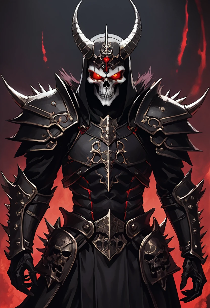 Appearance: Exterminus is a demon lord with a deadly and frightening appearance. He has pale skin and a skeleton-like appearance, with spiky black hair and glowing red eyes. He wears shiny black armor and a mask that covers the lower half of his face, 8k high definition