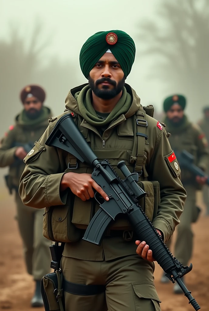 Indian army muslim soldiers with indian tricolor badges on cap and dress
With high end ai guns eauipment
Indian flags
Face like asaduddin owaisi
Muslim soldier