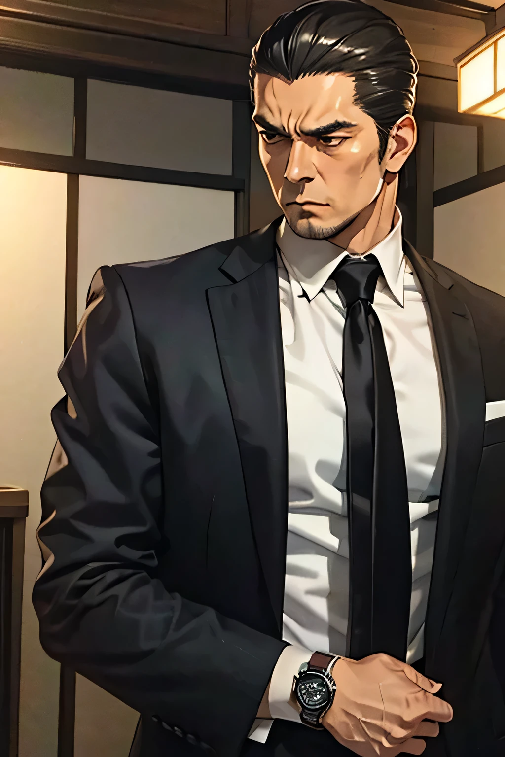 Top quality, detailed face, top quality, detailed illustration, 1 man, 40 years old, mature man, Japanese, yakuza, very sharp eyes, slicked back hair, dark hair, muscular, dark suit, black tie, expensive watch, ruthless expression