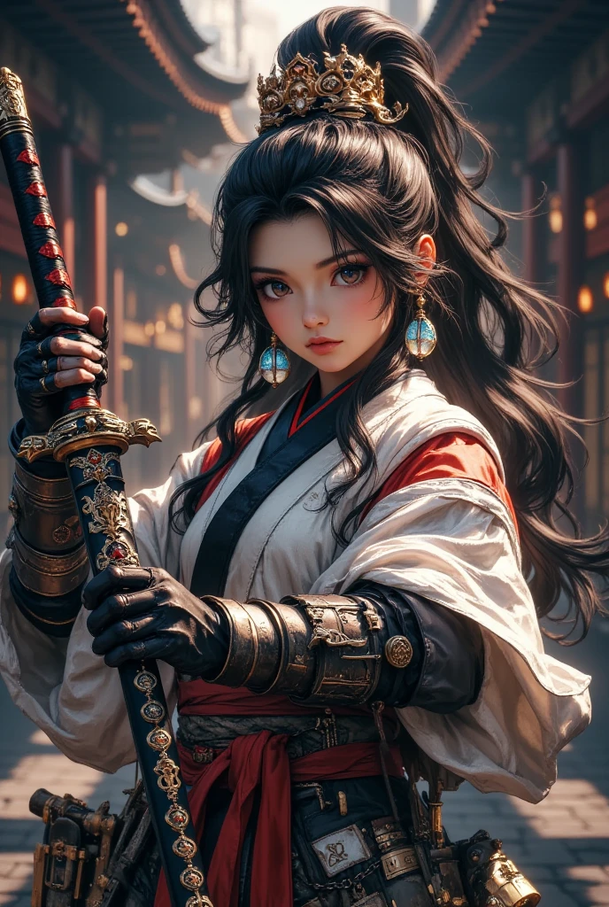 a samurai holding a katana, highly detailed, beautiful detailed eyes, beautiful detailed lips, extremely detailed face, longeyelashes, solo figure, dynamic pose, dramatic lighting, dark moody atmosphere, cinematic composition, intricate details, ornate katana, flowing samurai robes, realistic rendering, photorealistic, epic fantasy, (best quality,4k,8k,highres,masterpiece:1.2),ultra-detailed,(realistic,photorealistic,photo-realistic:1.37)