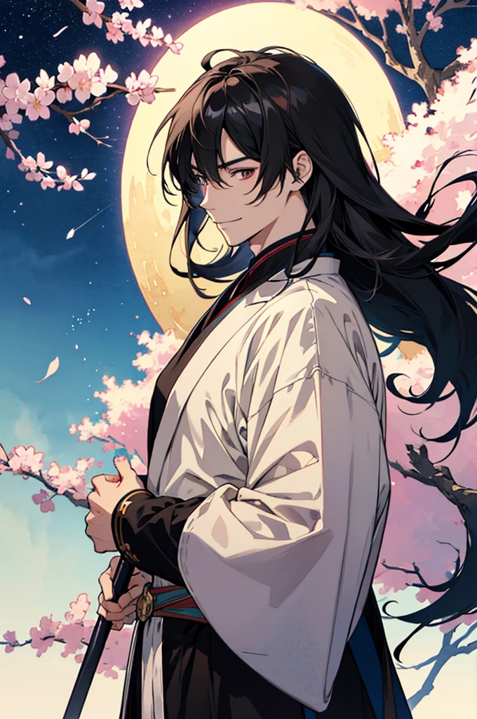  anime style,  anime character art,  anime style, warrior,  confident expression , simple watercolor background ,  long black hair ,  handsome, Starry Sky, cherry blossoms, moon,  has a mean smile on his face at viewers, 